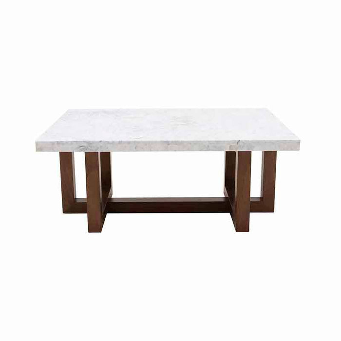 Mesa de centro Kaori de Deurope con superficie de mármol veneciano y estructura en nogal, 110 cm de ancho y 45 cm de alto.