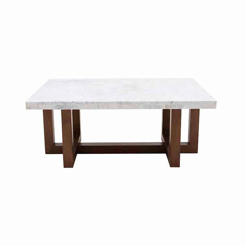 Mesa de centro Kaori de madera de nogal con cubierta de mármol veneciano, frente de 110 cm y altura de 45 cm.