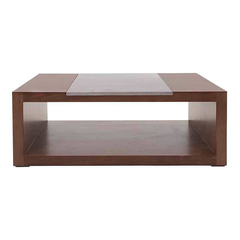 Mesa de centro Berne de Deurope con superficie de mármol y acabado en nogal gris, 120 cm de ancho, 45 cm de alto y 80 cm de fondo.