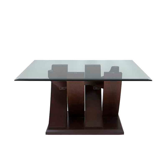 Mesa de centro Burj de madera Nogal con tapa de cristal, deoupe.com.mx, dimensiones 90x45x90 cm, estilo moderno y elegante.