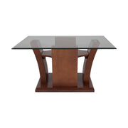 Mesa de centro Tulip de madera nogal con cubierta de cristal, dimensiones 90x45x90 cm, diseño moderno.