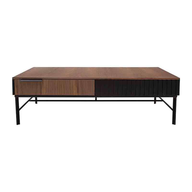 Mesa de centro Jess de madera de pino y chapa de nogal en acabado negro, con dimensiones de 120x35x60 cm.