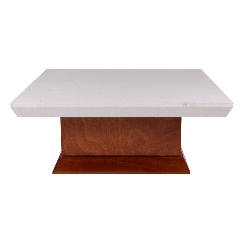 Mesa de centro Mond de Deurope, con tapa de mármol y estructura de caoba en acabado tabaco, de 100x100 cm.