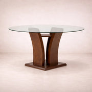 Mesa de comedor Tulip de madera nogal con cubierta de cristal, diámetro 140 cm y altura 78 cm, deurope.com.mx