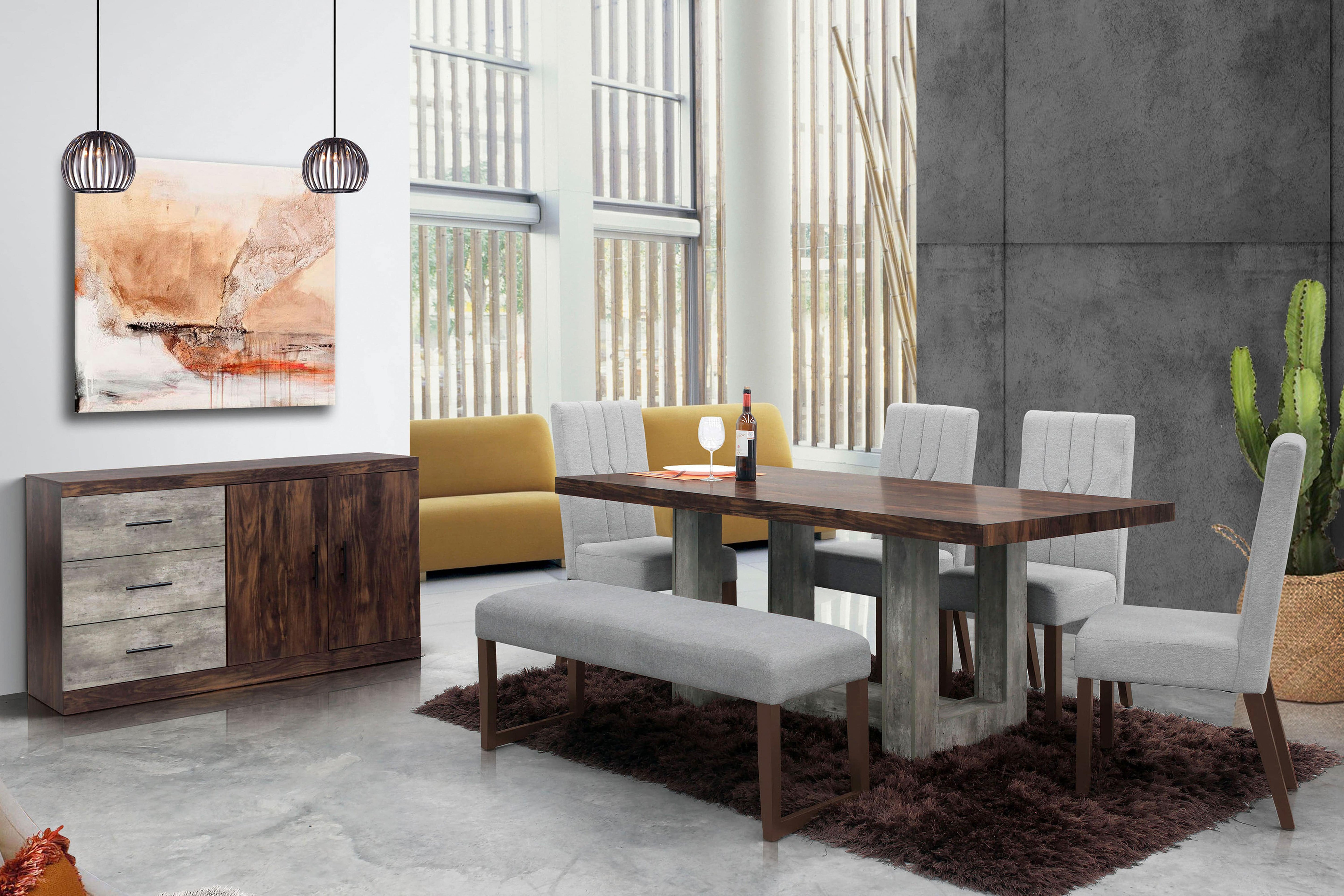 Mesa de comedor Amara de Deurope.com.mx, con superficie de madera y patas de metal, en un comedor moderno y elegante.