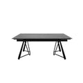 Mesa de comedor extensible de color gris oscuro con superficie de cerámica y base de pedestal metálico, vista frontal.