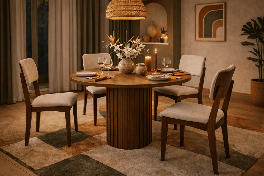 Juego de comedor Tulip de 5 piezas con mesa de madera estilo mediterráneo, visible en imagen con diseño elegante y moderna.