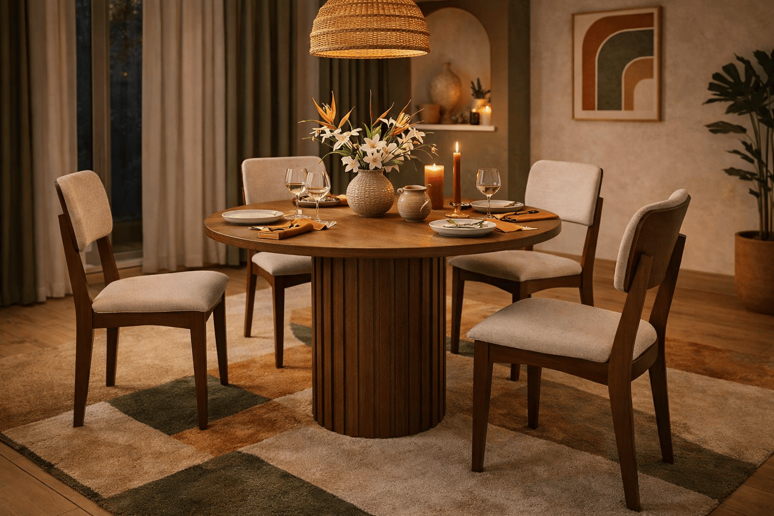 Mesa de comedor mediterránea de madera con diseño clásico, ideal para espacios elegantes y acogedores.