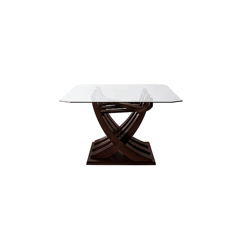 Mesa de comedor de cristal Burj de Deurope con estructura de nogal y superficie de cristal, mide 160 cm de ancho, 78 cm de alto y 130 cm de fondo.