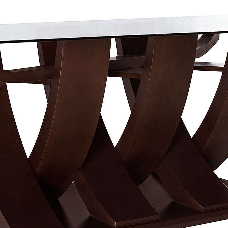 Mesa de comedor de cristal Burj de lujo con estructura de madera nogal, tamaño 160x78x130 cm, moderna y elegante.