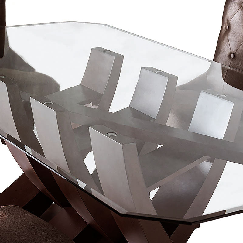 Mesa de comedor de cristal Burj de Deurope con estructura de madera en nogal, superficie rectangular y tamaño 160x78x130 cm.