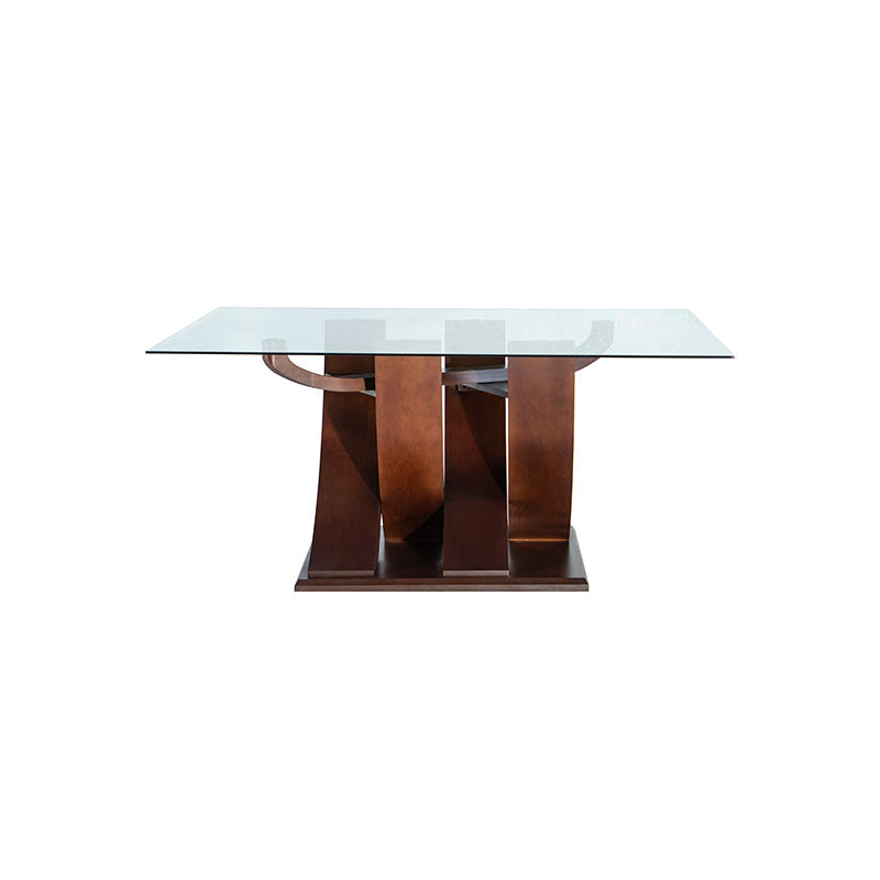 Mesa de comedor de cristal Burj de Deurope con estructura de madera nogal, superficie de cristal y dimensiones de 160x78x130 cm.