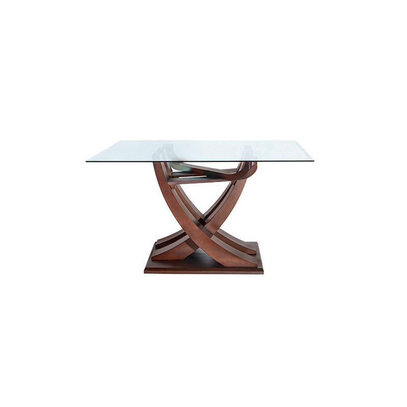 Mesa de comedor de cristal Burj de Deurope, con estructura de madera nogal, superficie de cristal y dimensiones de 160x78x130 cm.