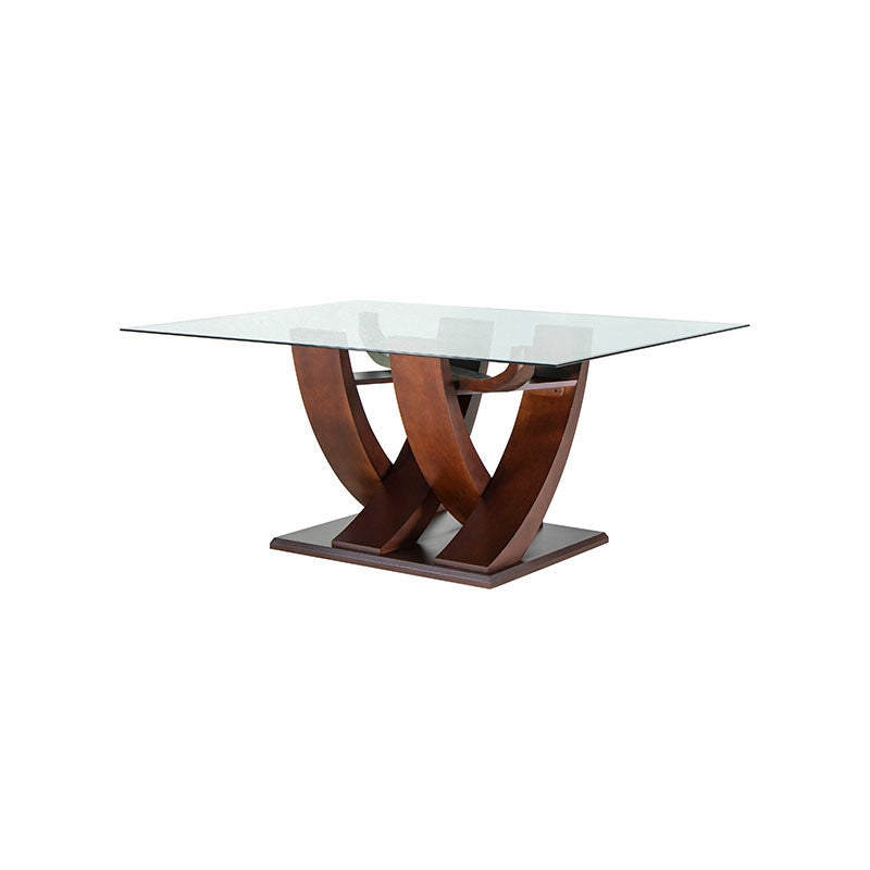 Mesa de comedor de cristal Burj de Deurope con estructura de madera nogal y superficie de cristal, dimensiones 160x78x130 cm.