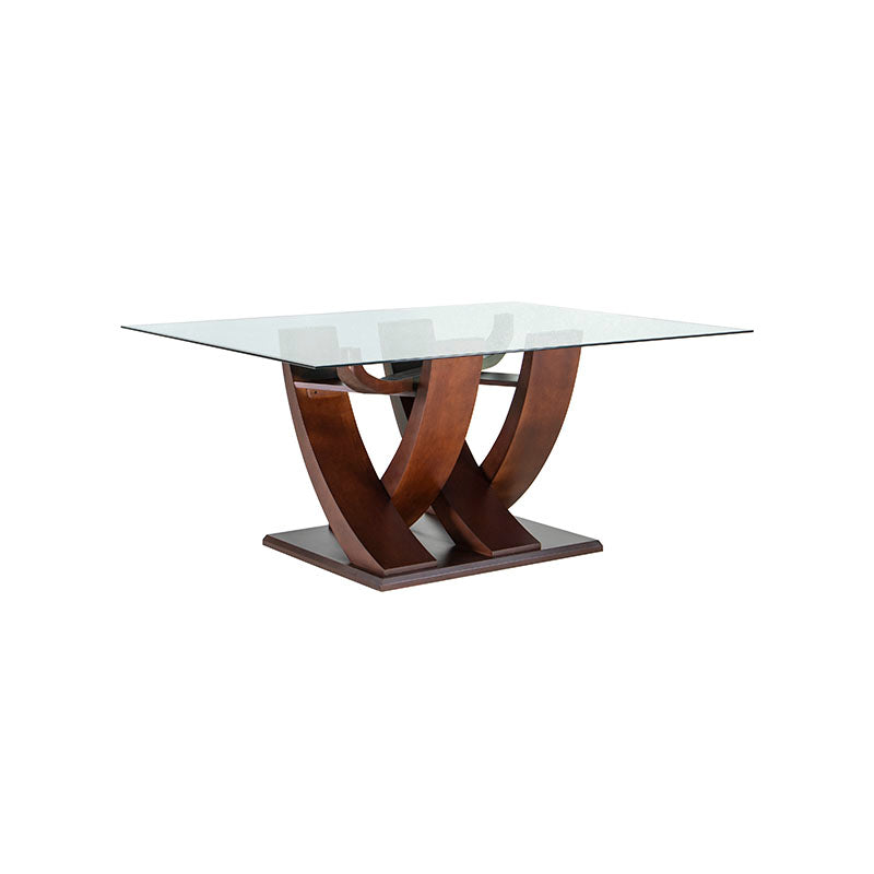 Mesa de comedor de cristal Burj de Deurope con superficie de madera color nogal, dimensiones 160x78x130 cm, estilo moderno.