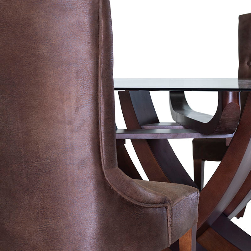 Mesa de comedor de cristal Burj deurope.com.mx, con estructura de madera nogal, superficie de cristal y dimensiones 160x78x130 cm.