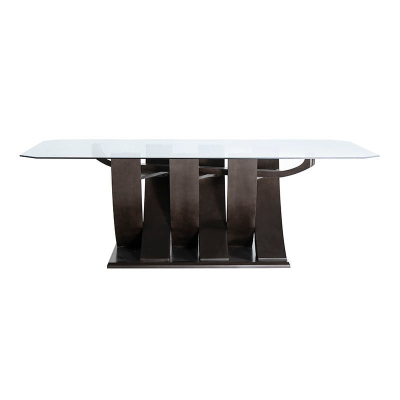 Mesa de comedor de cristal Burj de Deurope, con superficie de cristal y estructura de madera en color nogal, tamaño 160x78x130 cm.