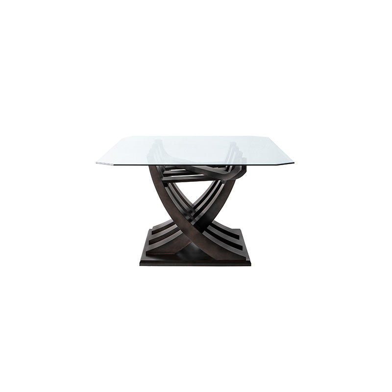 Mesa de comedor de cristal Burj de Deurope con estructura de madera nogal y superficie de cristal, mide 160 cm de ancho.