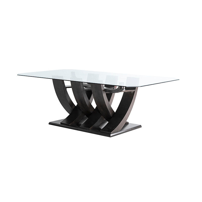 Mesa de comedor de cristal Burj de Deurope con estructura de madera Nogal, superficie de 160 cm de largo y 78 cm de alto.