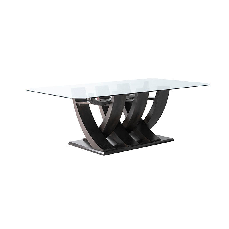 Mesa de comedor de cristal Burj con estructura de madera nogal, superficie rectangular de 160 cm, altura de 78 cm.