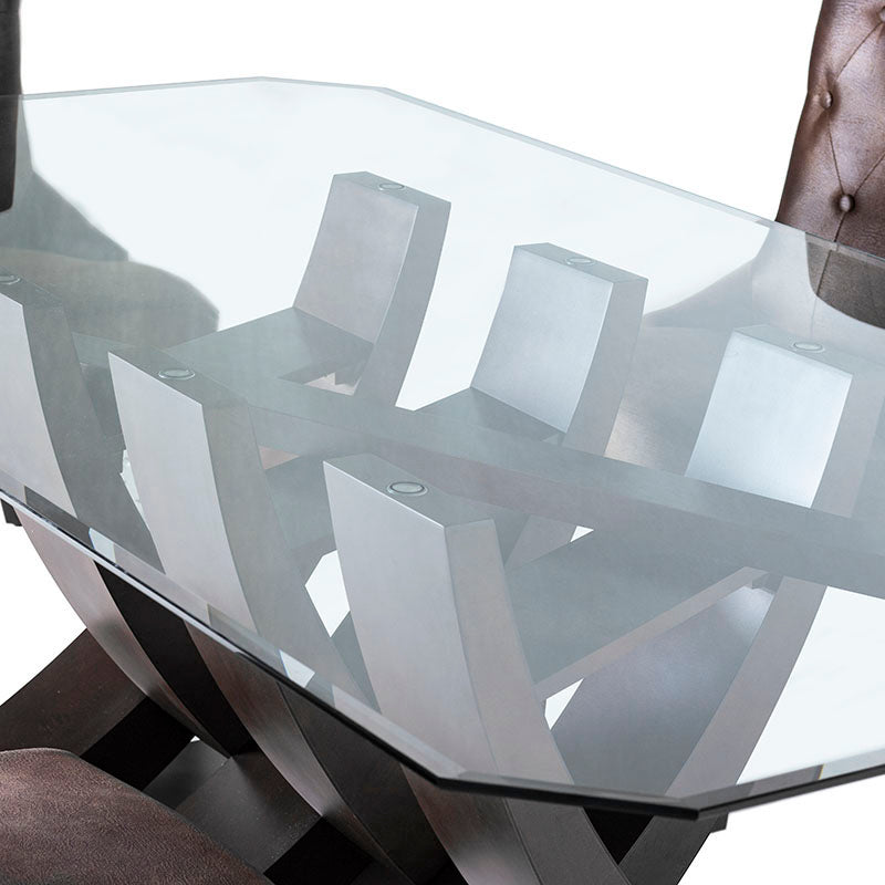 Mesa de comedor de cristal Burj de Deurope con estructura de madera nogal y superficie de cristal, dimensiones 160x78x130 cm.