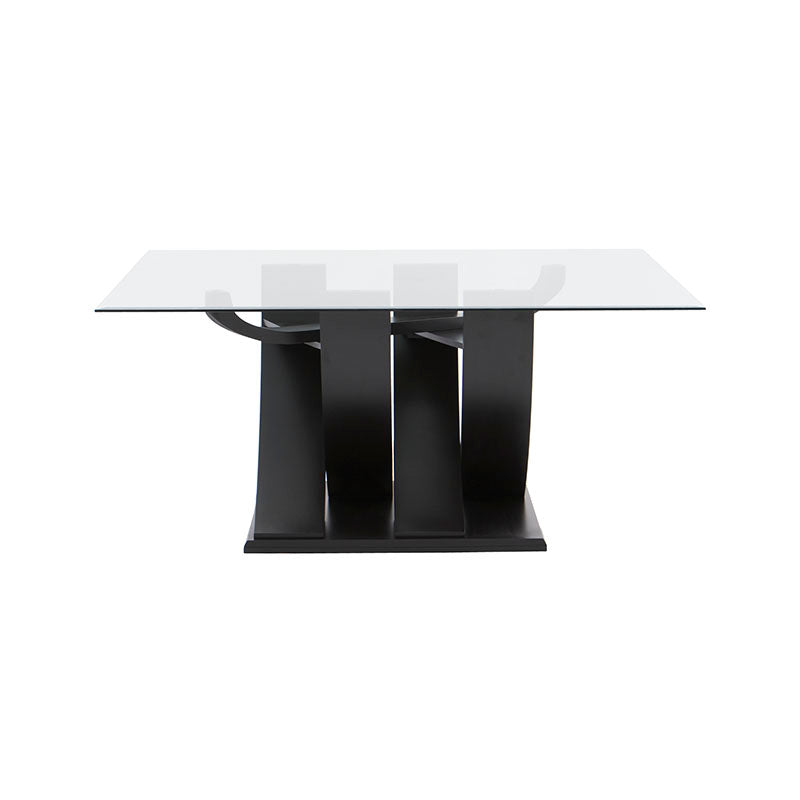 Mesa de comedor de cristal Burj de Deurope en nogal con base de madera y superficie de cristal, 160 cm de largo.