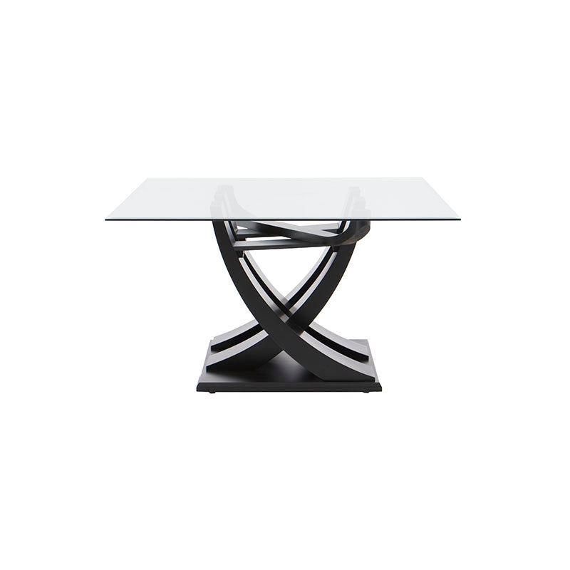 Mesa de comedor de cristal Burj con estructura de madera nogal y superficie de cristal, dimensiones 160x78x130 cm.