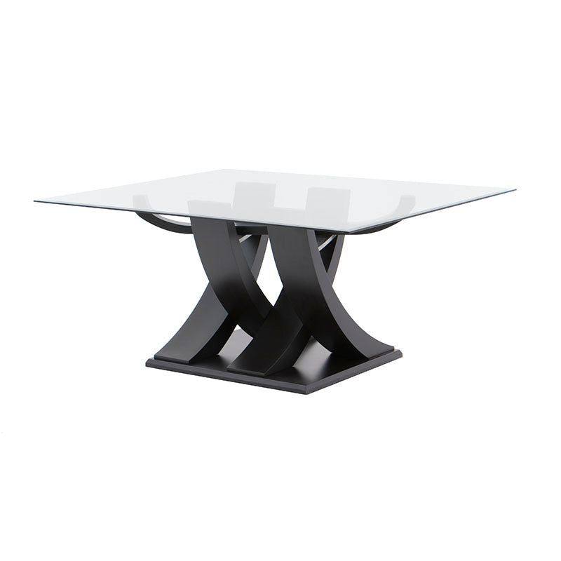 Mesa de comedor de cristal Burj de Deurope, con estructura en nogal y superficie de cristal, mide 160x78x130 cm.