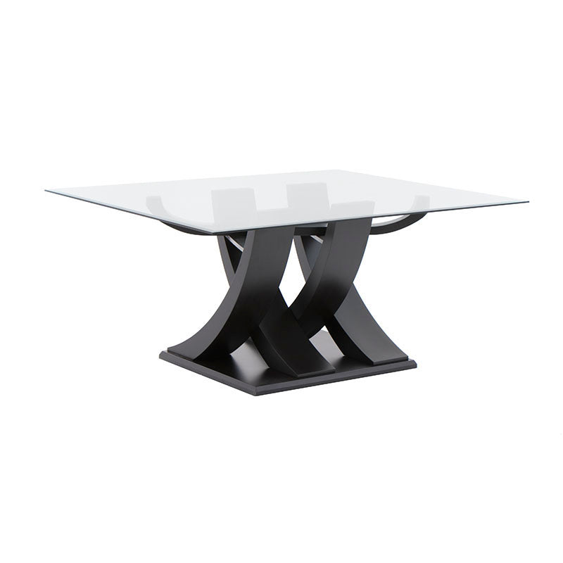 Mesa de comedor de cristal Burj de Deurope con estructura de madera en color nogal, tamaño 160x78x130 cm.