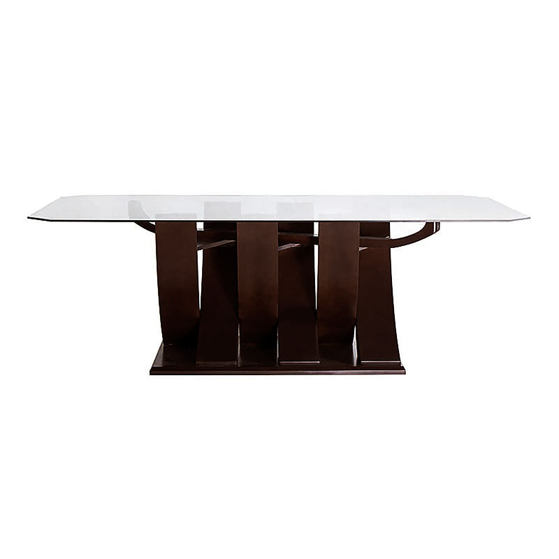 Mesa de comedor de cristal Burj de Deurope, con estructura de madera Nogal y superficie de vidrio, mide 160x78x130 cm.