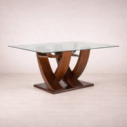 Mesa de comedor de cristal Burj de Deurope con estructura de madera Nogal, superficie rectangular y tamaño 160x78x130 cm.
