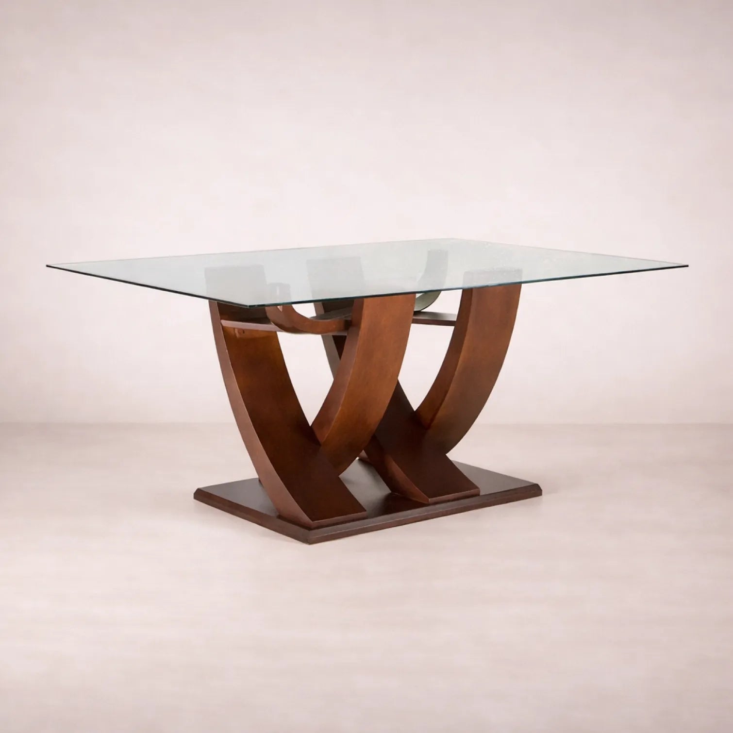 Mesa de comedor de cristal Burj de Deurope con estructura de madera Nogal, superficie rectangular y tamaño 160x78x130 cm.