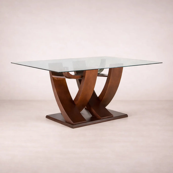 Juego de comedor Aragón de madera con cubierta de cristal y 8 piezas, mesa de 160 cm de largo, estilo moderno y elegante.