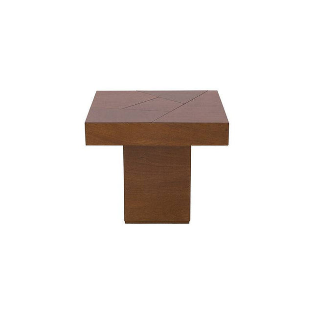 Mesa lateral Quetzal deurope.com.mx, con acabado en chapa de okume y diseño en color café, frente de 60 cm, altura de 52 cm.
