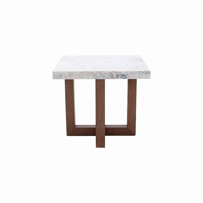 Mesa lateral Kaori de deurope.com.mx en madera de nogal con cubierta de mármol veneciano, frente de 60 cm, altura de 54 cm.