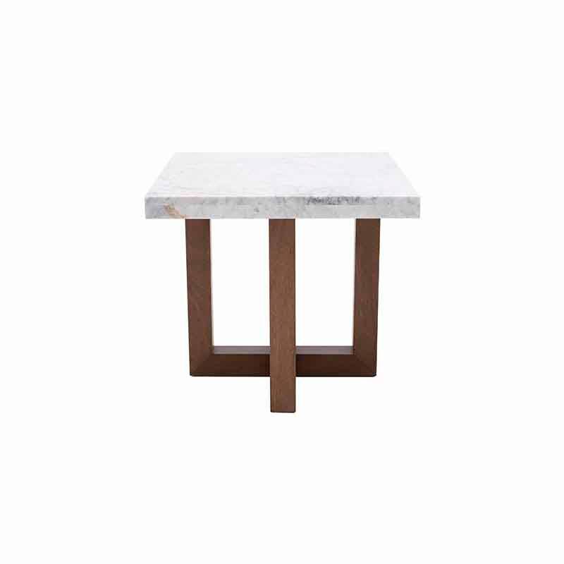 Mesa lateral Kaori de madera con acabado en nogal, cubierta de mármol veneciano, dimensiones 60x54x60 cm.