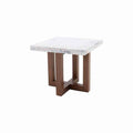 Mesa lateral Kaori deurope.com.mx en nogal con chapa de nogal y cubierta de mármol veneciano, frente de 60 cm, alto 54 cm, fondo 60 cm.