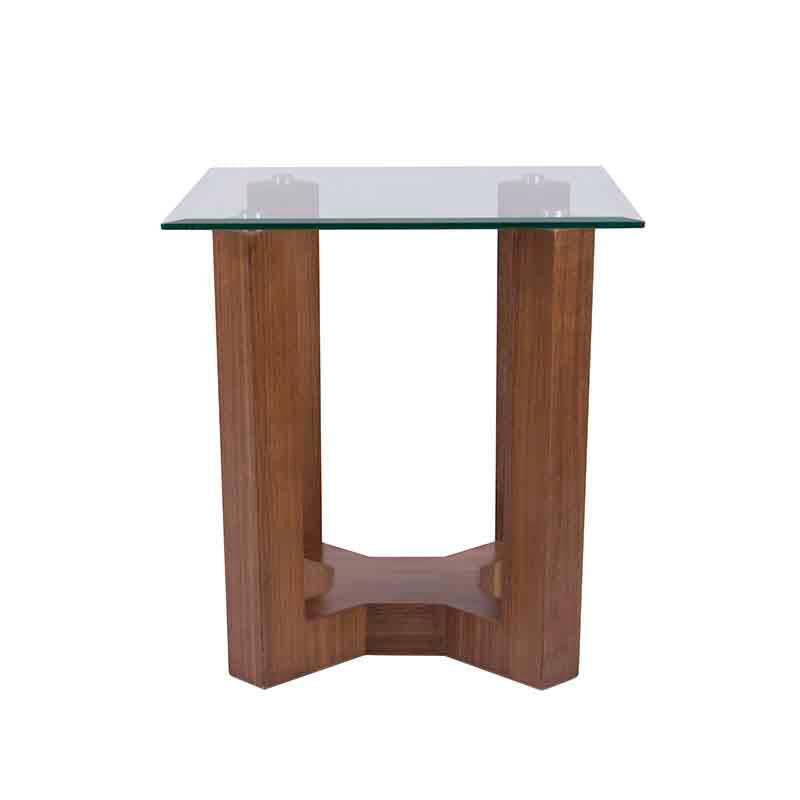 Mesa lateral Merlot de Deurope, estructura en chapa de nogal y cubierta de cristal, con dimensiones de 55x60x55 cm.