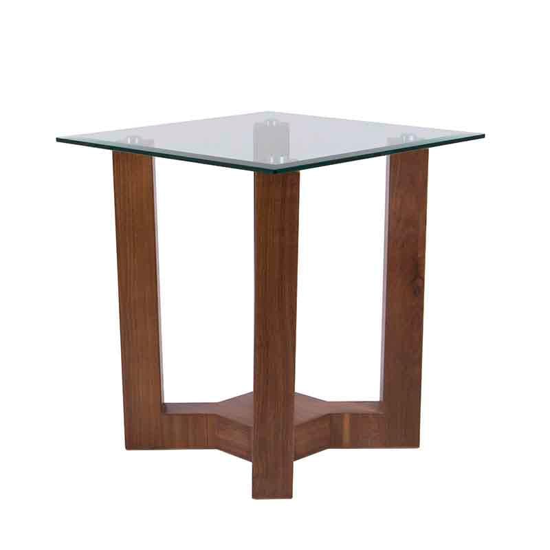 Mesa lateral Merlot de puertas de madera en acabado nogal con cubierta de cristal, estructura en chapa de nogal, frente de 55 cm.