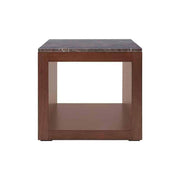Mesa lateral Berne de madera nogal y gris con cubierta de mármol Santo Tomás, 60x57x60 cm, estilo moderno y elegante.
