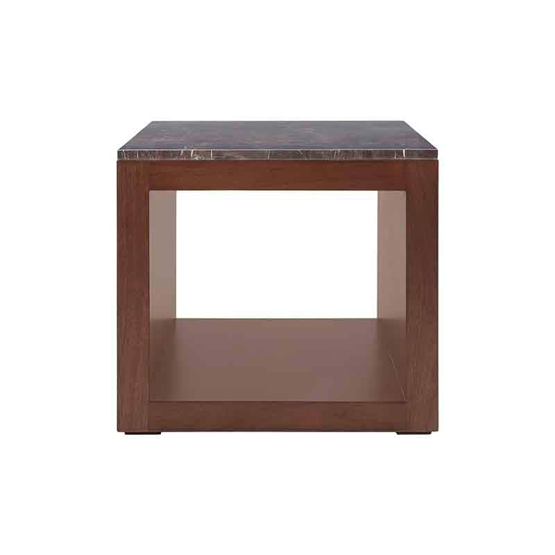 Mesa lateral Berne de madera en nogal gris con tapa de mármol, moderna y funcional, de aproximadamente 60 cm de ancho y alto.