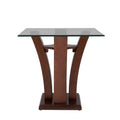 Mesa lateral Tulip de madera nogal con cubierta de cristal, frente a 60 cm, alto 50 cm y fondo 60 cm, diseño moderno y elegante.