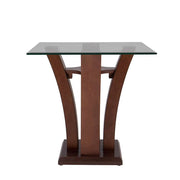 Mesa lateral Tulip de madera nogal con cubierta de cristal, frente a 60 cm, alto 50 cm y fondo 60 cm, diseño moderno y elegante.