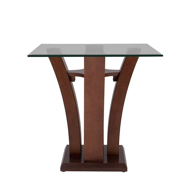 Mesa lateral Tulip de madera nogal con cubierta de cristal, frente a 60 cm, alto 50 cm y fondo 60 cm, diseño moderno y elegante.