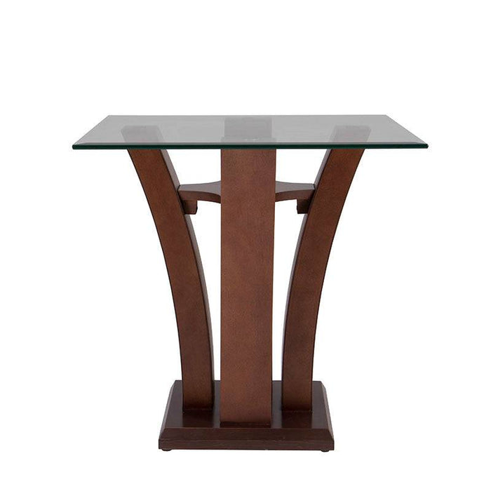 Mesa lateral Tulip de madera nogal con cubierta de cristal, frente a 60 cm, alto 50 cm y fondo 60 cm, diseño moderno y elegante.