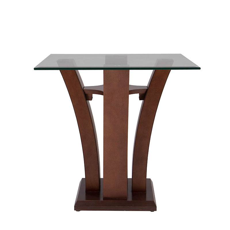 Mesa lateral Tulip de madera nogal con cubierta de cristal, diseño elegante, dimensiones 60x50x60 cm, deurope.com.mx