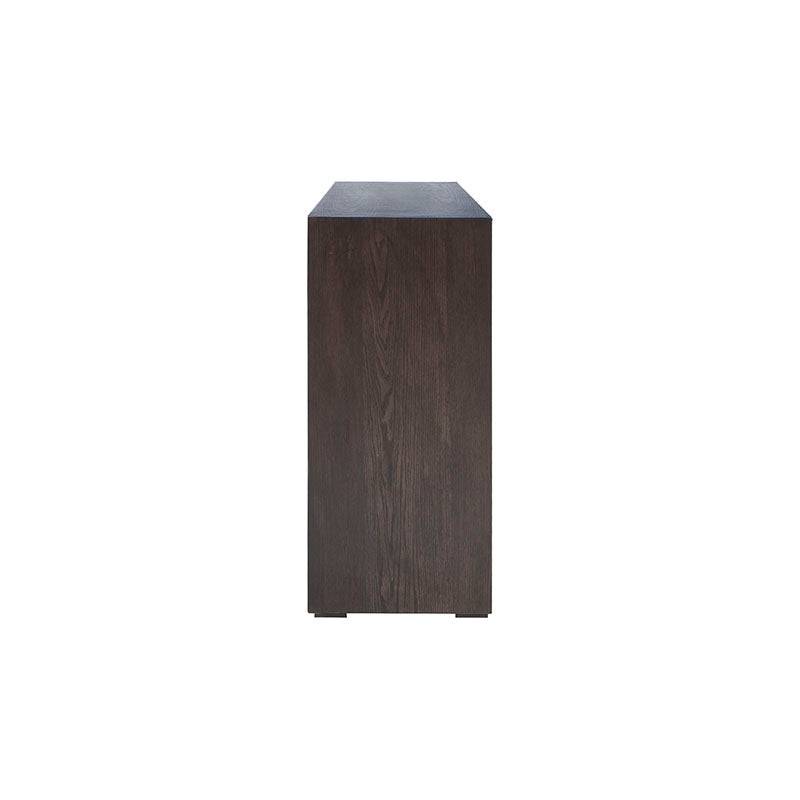 Mueble para TV Menara de Deurope en madera industrializada con acabado en chapa de encino, 160 cm de ancho y 90 cm de alto.