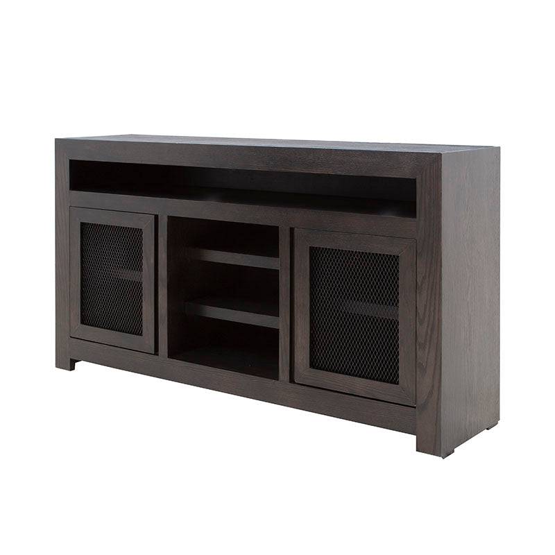 Mueble para TV Menara de madera industrializada con acabado en chapa de encino, 160 cm de ancho, 90 cm de alto y 40 cm de fondo.