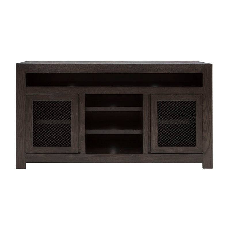 Mueble para TV Menara de madera industrializada y chapa de encino, con superficie de 160 cm, alto 90 cm y fondo 40 cm.