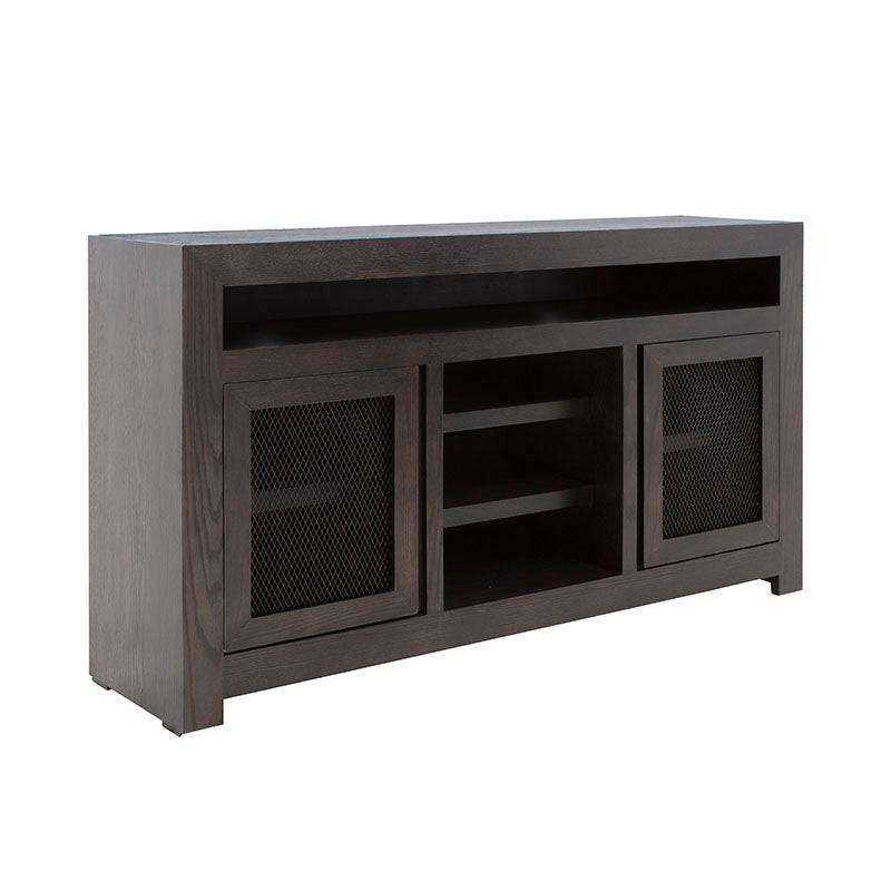 Mueble para TV Menara de madera industrializada con acabado en chapa de encino, 160 cm de ancho, 90 cm de alto y 40 cm de fondo.